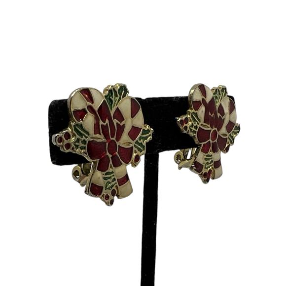 Vintage Christmas Candy Cane Earrings Festive Enamel Clip-On Holiday Jewelry Set - Picture 11 of 14